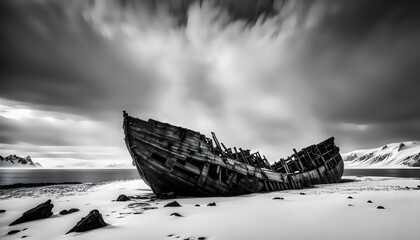 monochrome image of a wrecked old wooden ship hull frozen in ice in an arctic wasteland - obrazy, fototapety, plakaty
