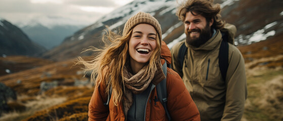 group of friends hiking in winter