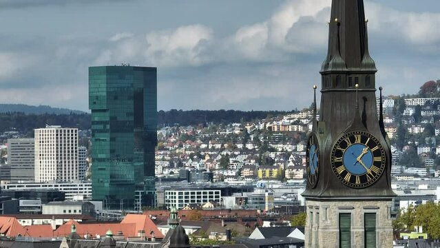 sunny day zurich city center famous modern office tower exterior aerial panorama 4k switzerland