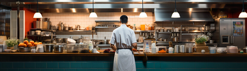 A Lonely Cook Stands In A Large Kitchen. Illustration On The Theme Of Weapons And Wars, Conflicts...