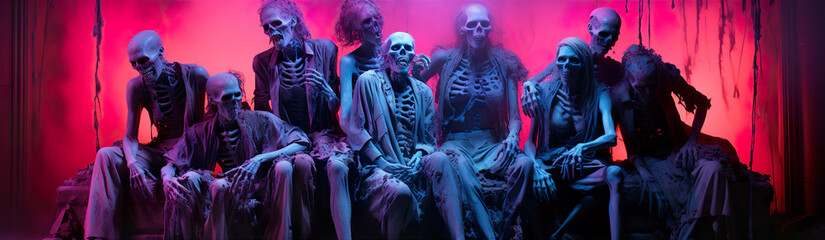 Obraz premium A Group Of Scary Zombies In Neon Lighting. Illustration On The Theme Of Fantasy And Cinema, Horror And Thrillers. Generative AI