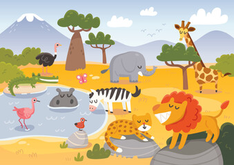 Obraz na płótnie Canvas Savanna landscape with wild animals. African animals in the nature. African animals living in savannah, prairies. The fauna of Africa.