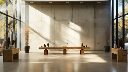 Modern Minimalist Concrete and Wood Room with Wood Bench, Generative AI