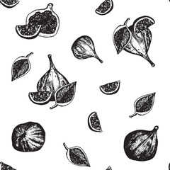 Hand-drawn black and white ink illustration. Vector seamless pattern with fig fruit and slices