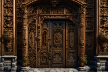 close view, of a door of a palace, with woodart merged on the door
