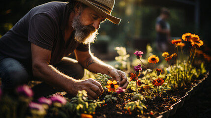 Garden of Love: Three generations tending to a vibrant garden, hands dirty with soil.