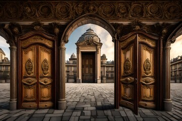 Fototapeta na wymiar extreme view, of a door of a palace, with woodart merged on the door