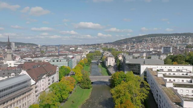 sunny day zurich city center canal traffic bridge aerial panorama 4k switzerland
