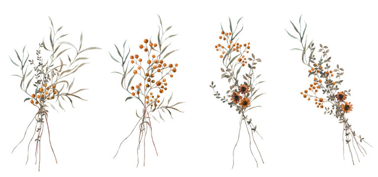 Flowers - Leaves Frame Watercolor Sanddorn Orangebouquets flowers Aquarell Clipart, Einladung 