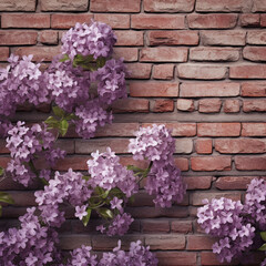 Fondo natural con pared de ladrillo de tonos marrones y planta con flores de tonos lilas
