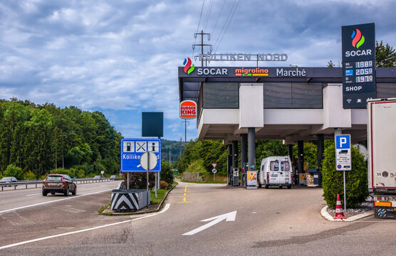 Kolliken, Switzerland - July 30, 2023: Service area Gunzgen Nord with gas station Socar along the highway in Switzerland