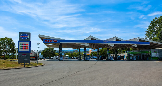 Gilly, Switzerland - July 30, 2023: Service area La Cote with gas station Tamoil along the highway in Switzerland