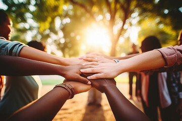 Group of mix race people joining hands together in a circle supporting each other, symbolizing unity and collective action in the fight against social injustice - obrazy, fototapety, plakaty