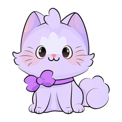 Cute smiling purple kawaii cat with a bow on his neck