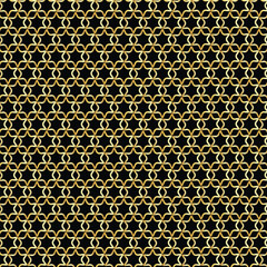 Abstract golden vector geometric seamless pattern. Traditional oriental ornament with outline stars, mesh, grid, flower silhouettes. Elegant repeat geo design.
