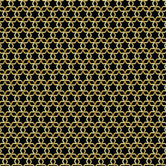 Abstract golden vector geometric seamless pattern. Traditional oriental ornament with outline stars, mesh, grid, flower silhouettes. Elegant repeat geo design.