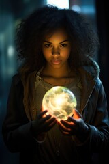 Naklejka premium teen black girl African american holding a glowing crystal energy sphere. Superhero, antihero, superpowers, hero, villain, rogue, fantasy action pose fiction costume. glowing magic light. 