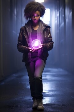 young teen black girl. curly hair. glowing purple magic. energy purple ball. holding with both hands. Superhero, antihero, superpowers, hero, villain, rogue, fantasy action pose fiction costume. alley