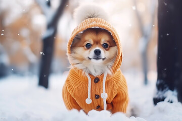Cute pet little dog in warm clothes walks in winter city park - Powered by Adobe