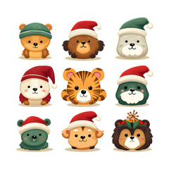 Cute animals wearing Christmas hats. Cartoon set.