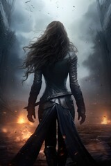 Obraz premium Apocalyptic misty. foggy, smoke background. Pretty brunette. black latex leather suit. Futuristic sci-fi. Superhero, antihero, superpowers, hero, villain, rogue, fantasy action pose fiction costume. 