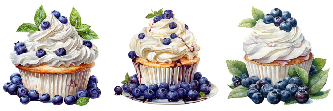 bilberry cream cupcake or blueberry cupcake watercolor painting clipart isolate on white background