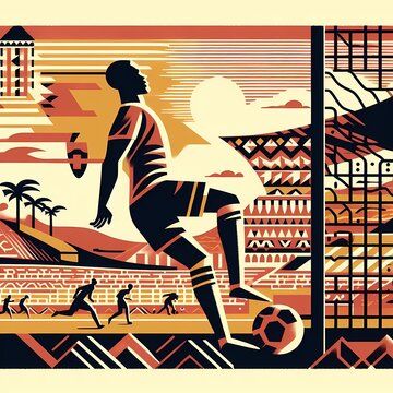  Team Spirit: African Footballers Chasing Glory in Silhouette, risography style