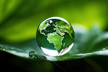 Water Droplet with Planet Earth inside on Green Leaf, Sustainability Concept