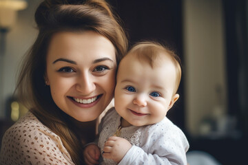 Happy mom holding her cute smiling baby in the cozy bedroom	
