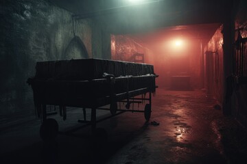 Abandoned morgue interior. Body Farm, Cold Storage Facility. Spooky haunted abandoned. Misty, foggy, ghostly. Post apocalyptic. War torn. Forgotten place. Dim lighting. 