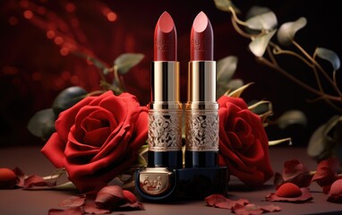 Obraz na płótnie Canvas Lipsticks with Roses in a High-End Collection