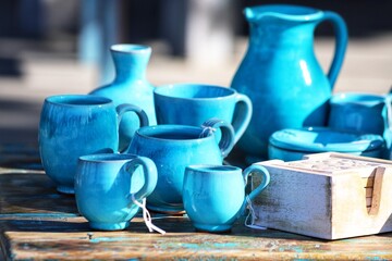 Colorful handmade dishes, plates, ceramics. Traditional greek ceramics, island Kos. Close up.