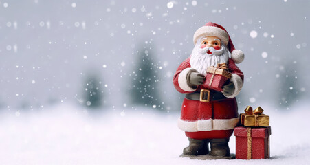 A Merry Christmas with Santa Claus and Gifts in a Winter Background