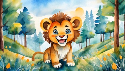 Cute Baby Lion Illustration in Children's Book Style, Watercolor Effect