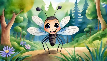 Cute Baby Mosquito Illustration in Children's Book Style, Watercolor Effect