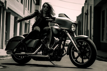 Fototapeta na wymiar Biker girl. a woman in black standing on a motorcycle