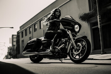 Seductive brunette girl with long hair in a black leather jacket sits near a modern motorcycle on a background of nature. Closeup portrait of a sexy woman near an expensive black bike. - obrazy, fototapety, plakaty