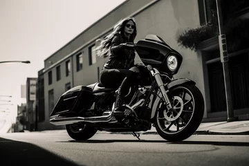 Fototapete Fahrrad Seductive brunette girl with long hair in a black leather jacket sits near a modern motorcycle on a background of nature. Closeup portrait of a sexy woman near an expensive black bike.