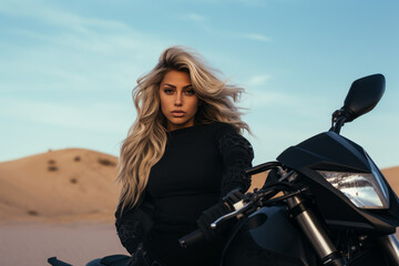 Plakat Woman with long white hair sitting near cross dirt motorcycle in desert. Girl are resting during off-road tour at hot desert