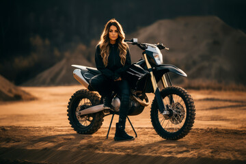 Woman with long white hair sitting near cross dirt motorcycle in desert. Girl are resting during...