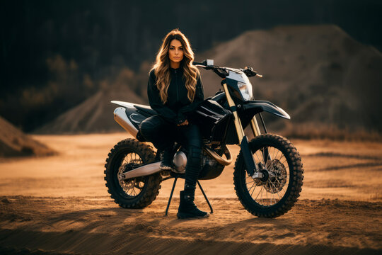 Woman with long white hair sitting near cross dirt motorcycle in desert. Girl are resting during off-road tour at hot desert