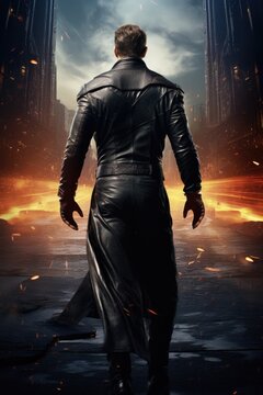 Full view from the back of a black caped man. fire apocalypse city. cloudy sky. tough man. black latex. Superhero, antihero, superpowers, hero, villain, rogue, fantasy action pose fiction costume. 