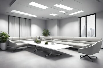 Fototapeta na wymiar , company meeting room, with luxery sofa's white colour, L-Shape ,table, with grey background