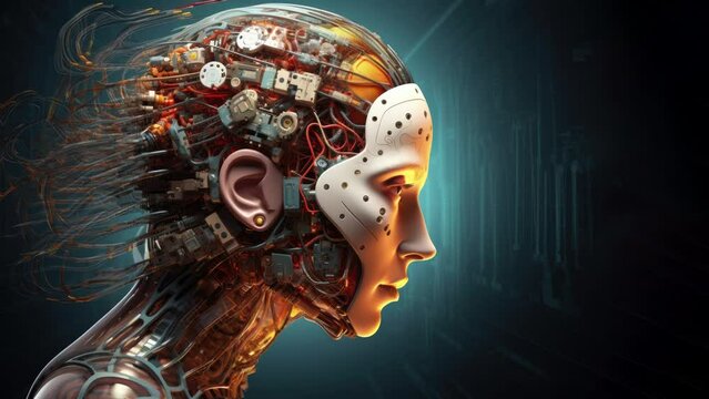 A female cyborg with a technologically enhanced head