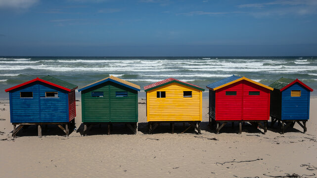 Colourful row of beach huts on the beach at Muizenberg, South Africa