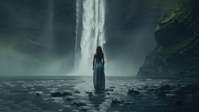 A woman enjoying the serene beauty of a majestic waterfall