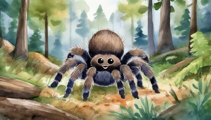 Cute Baby Tarantula Illustration in Children's Book Style, Watercolor Effect