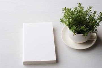Mockup of a book with rosemary on a white table, Ai Generated