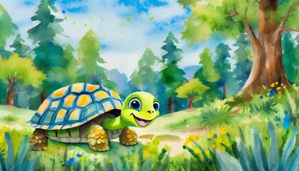 Cute Baby Tortoise Illustration in Children's Book Style, Watercolor Effect
