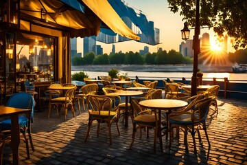  ouside cafe, with blue and yellow background, on the river bank, sunset, a beautiful evening view